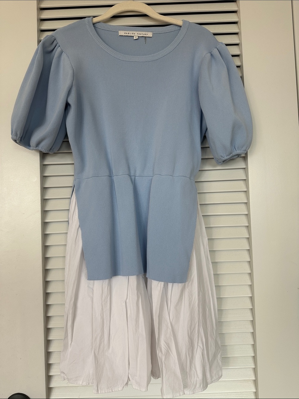 English Factory Powder Blue Mixed Media Puff-Sleeve Minidress